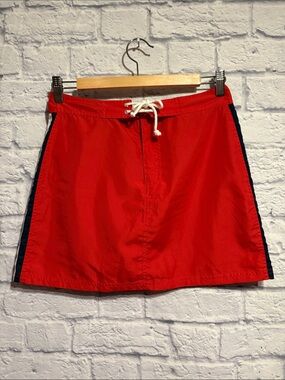 Brash Y2K Red Drawstring Mini Skirt with Navy Side Stripes Small